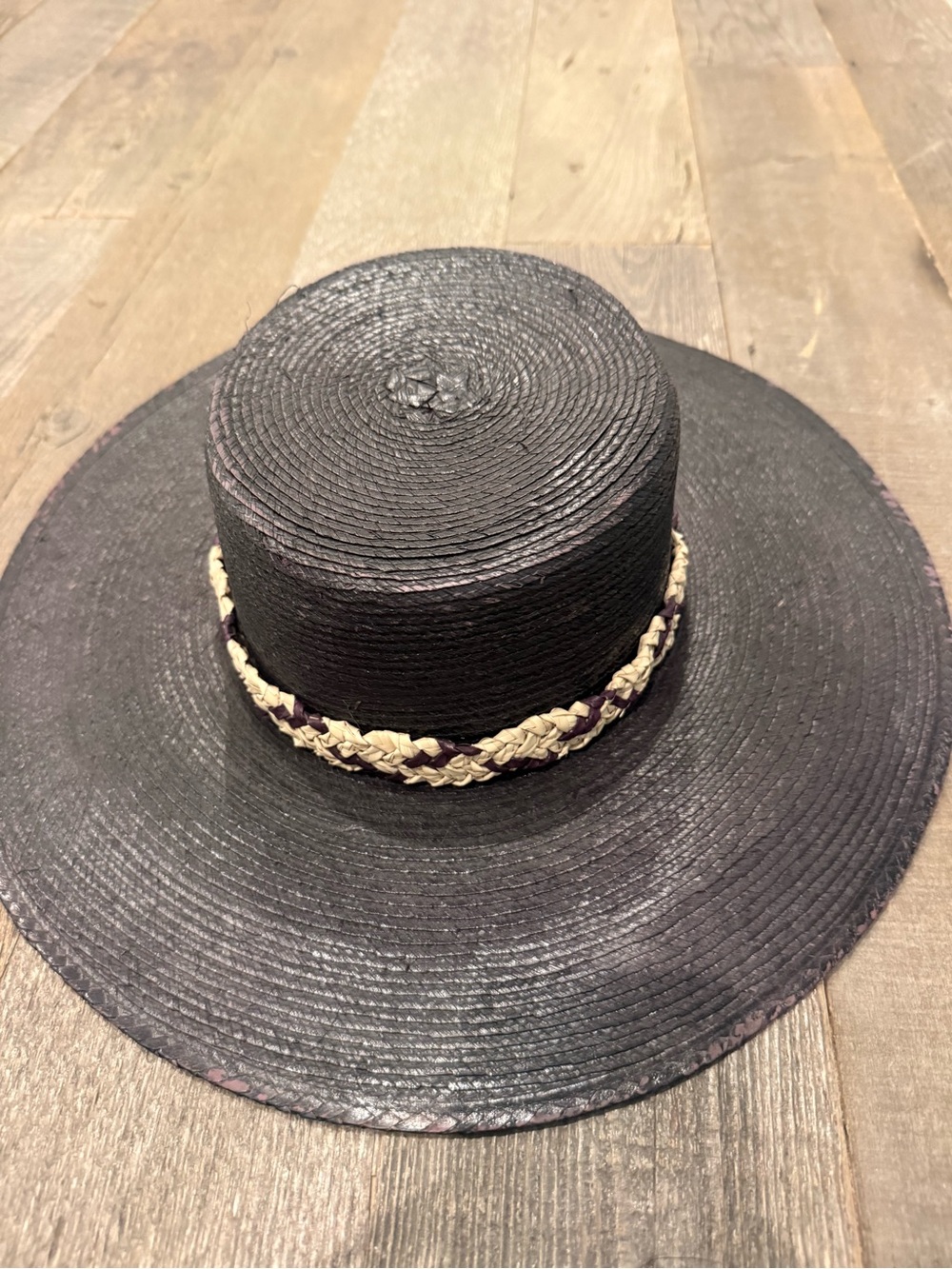 Stylish Black Straw Wide-Brim Hat with Braided Band